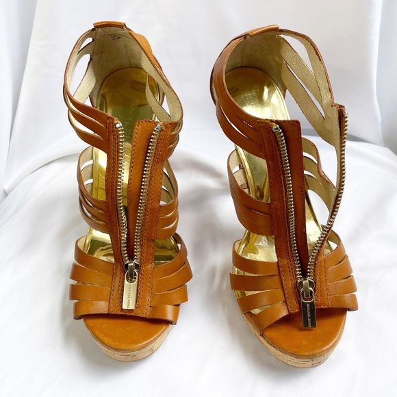 Michael Kors Brown leather strap with zipper Heels Size 8.5 Heel height: 4.75” - Picture 1 of 5